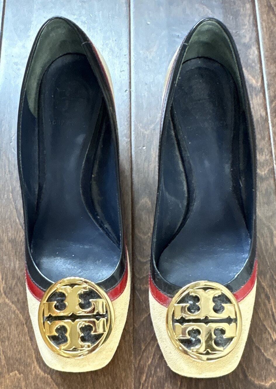 Tory Burch Beige/Gold Logo Slip-On Round Toe Pump Block Heel US 7.5 M
